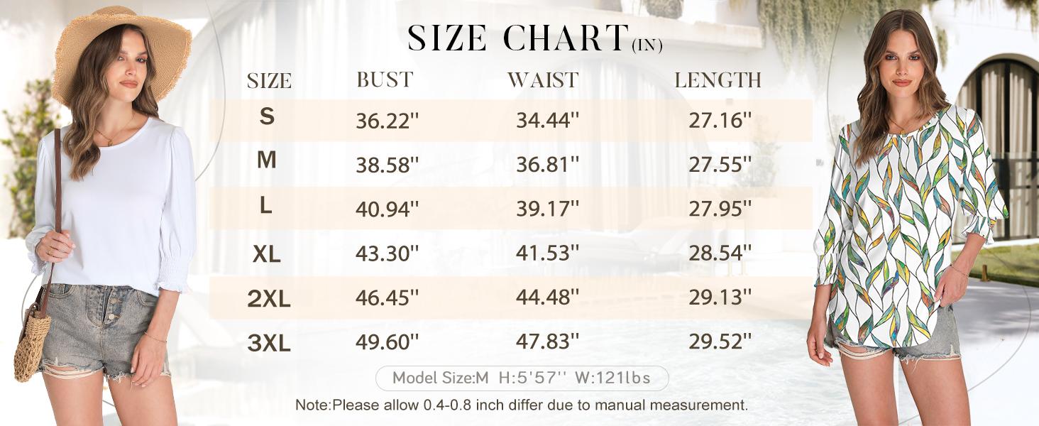 WIHOLL Blouses for Women Dressy Casual 3/4 Length Sleeve Womens Tops with Smocked Cuffs
