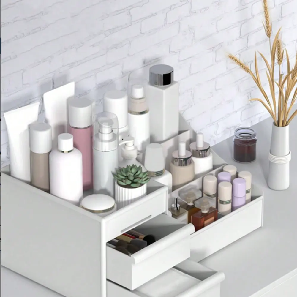 White Makeup Organizer with Drawers, Cosmetic & Skincare Storage Display Holder for Vanity Bathroom Countertop