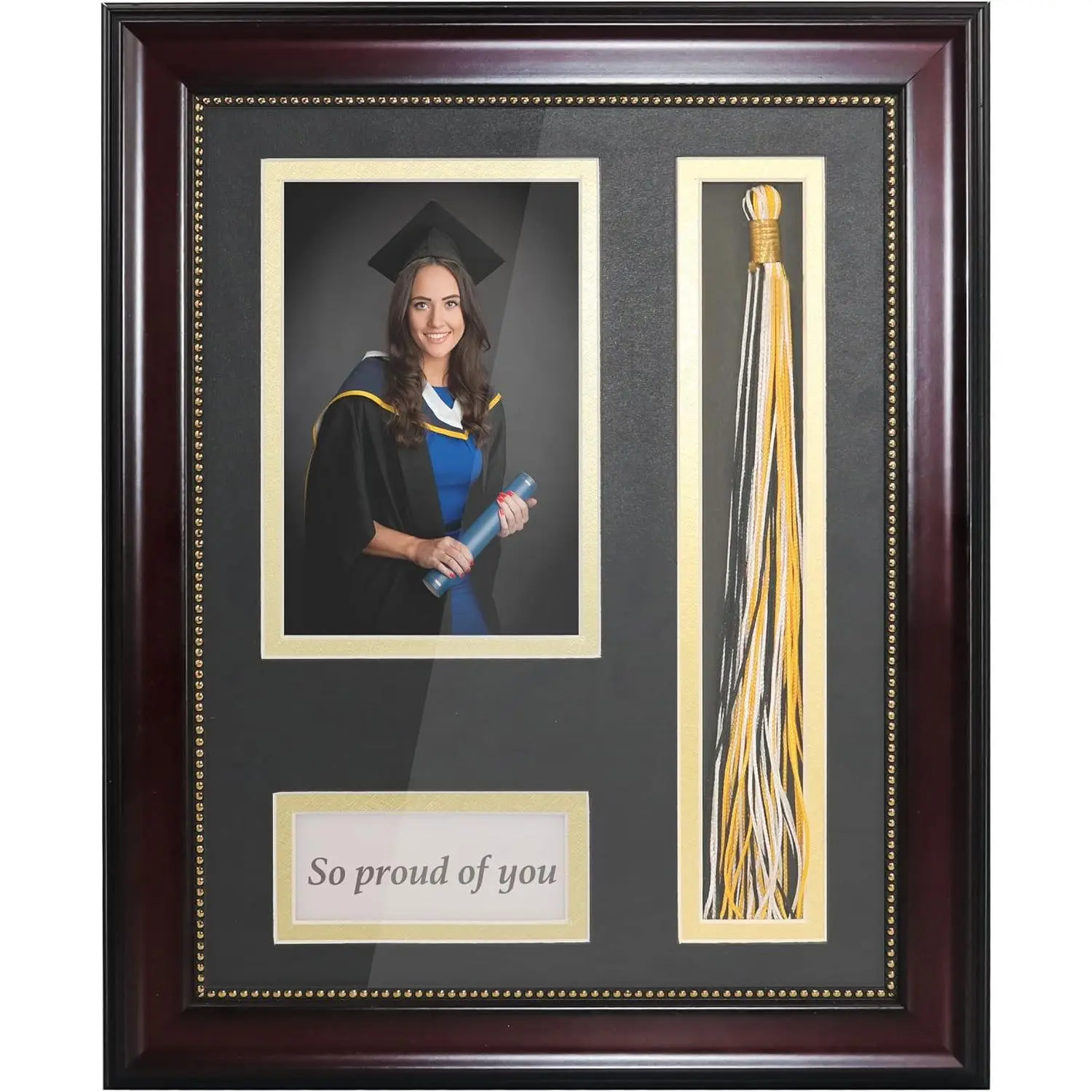 Graduation Photo Shadow Box Frame with Tassel Holder for 4x6 Pictures,Real Glass,Black over  Double Mat,Wall & Tabletop Design