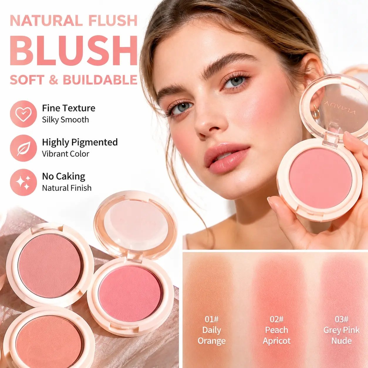 YUANMO Single Matte Blush Compact, 3 Versatile Shades Daily Orange, Peach Apricot & Grey Pink Nude, Ultra-fine silky smooth powder texture, highly buildable pigment no patchy caking, delivers soft natural flush glow on cheeks