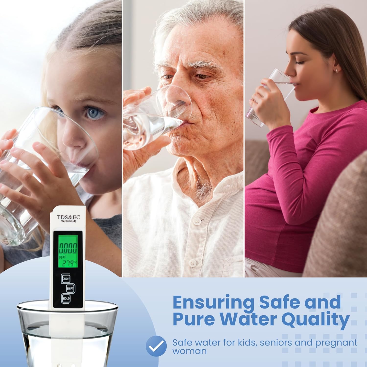 3 in 1 Water Quality Tester, Automatic Closing Digital Water Quality Tester with Water Quality TDS/Conductivity EC/Temperature Value Display