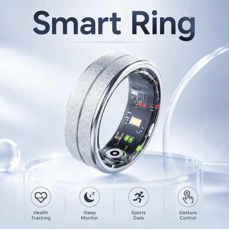 Silver Smart Ring Health Tracker for Men Women, Smart Fitness Ring with Sleep Monitor Heart Rate Tracking, 5ATM Waterproof Wearable Ring, Bluetooth 5.4 Smart Jewelry
