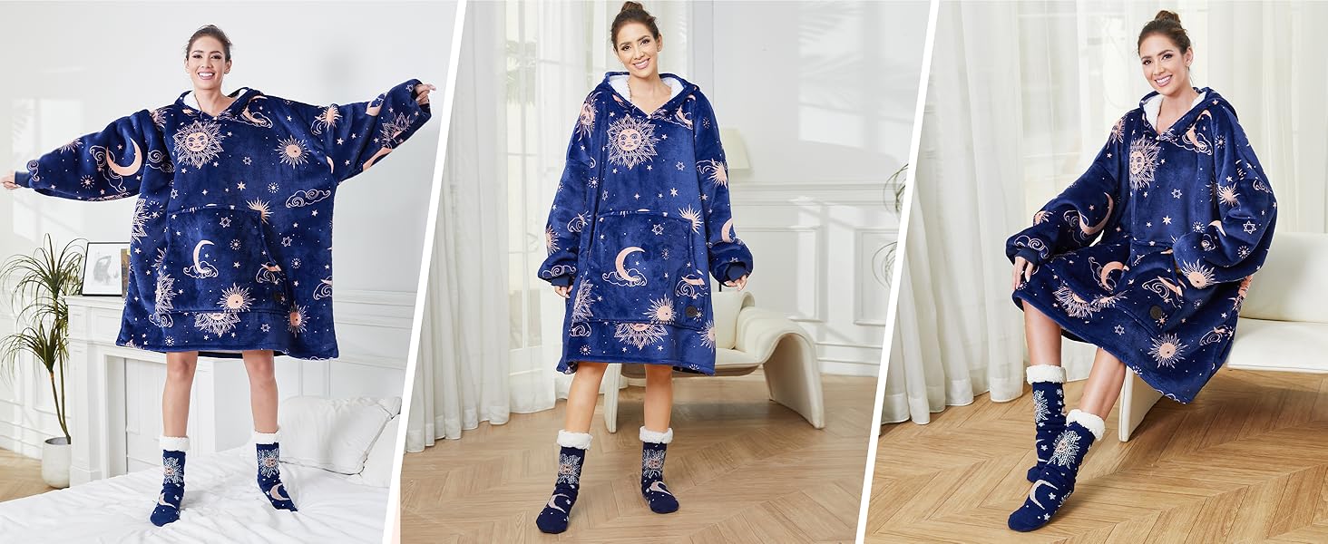 Wearable Blanket Hoodie with Slipper Socks Set, Oversized Blanket Sweatshirt Hoodie for Men Kids, One Size Fits All (Sloth)