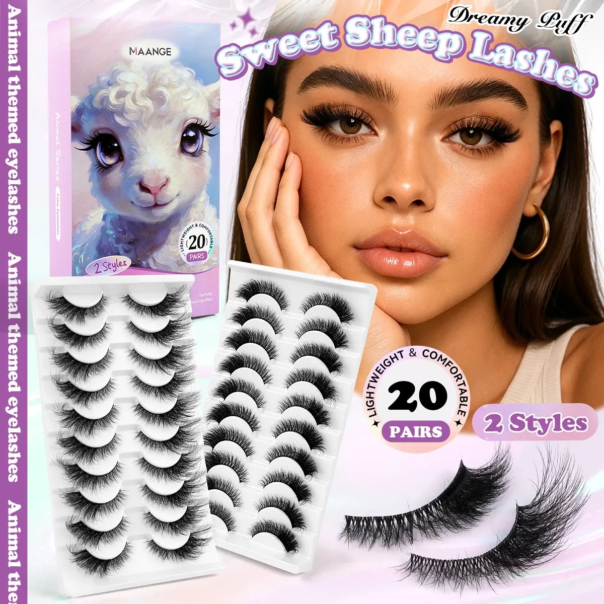 MAANGE 20 Pairs Sweet Sheep Lashes, D Curl Cloud False Eyelashes, 2 Styles Lightweight Comfortable Lash Set, Soft Puffy Volume Effect, Reusable & Easy to Apply, TikTok Viral Lashes
