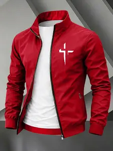 Men's Stand Collar Zip Up Lightweight Windbreaker Jacket, Minimalist Distressed Cross Graphic Print Christian Faith Casual Outerwear, Elastic Cuff Daily Street Coat #CrossPrintJacket #ChristianStreetwear #ZipUpWindbreaker #MinimalistOuterwear #TikTokMadeM