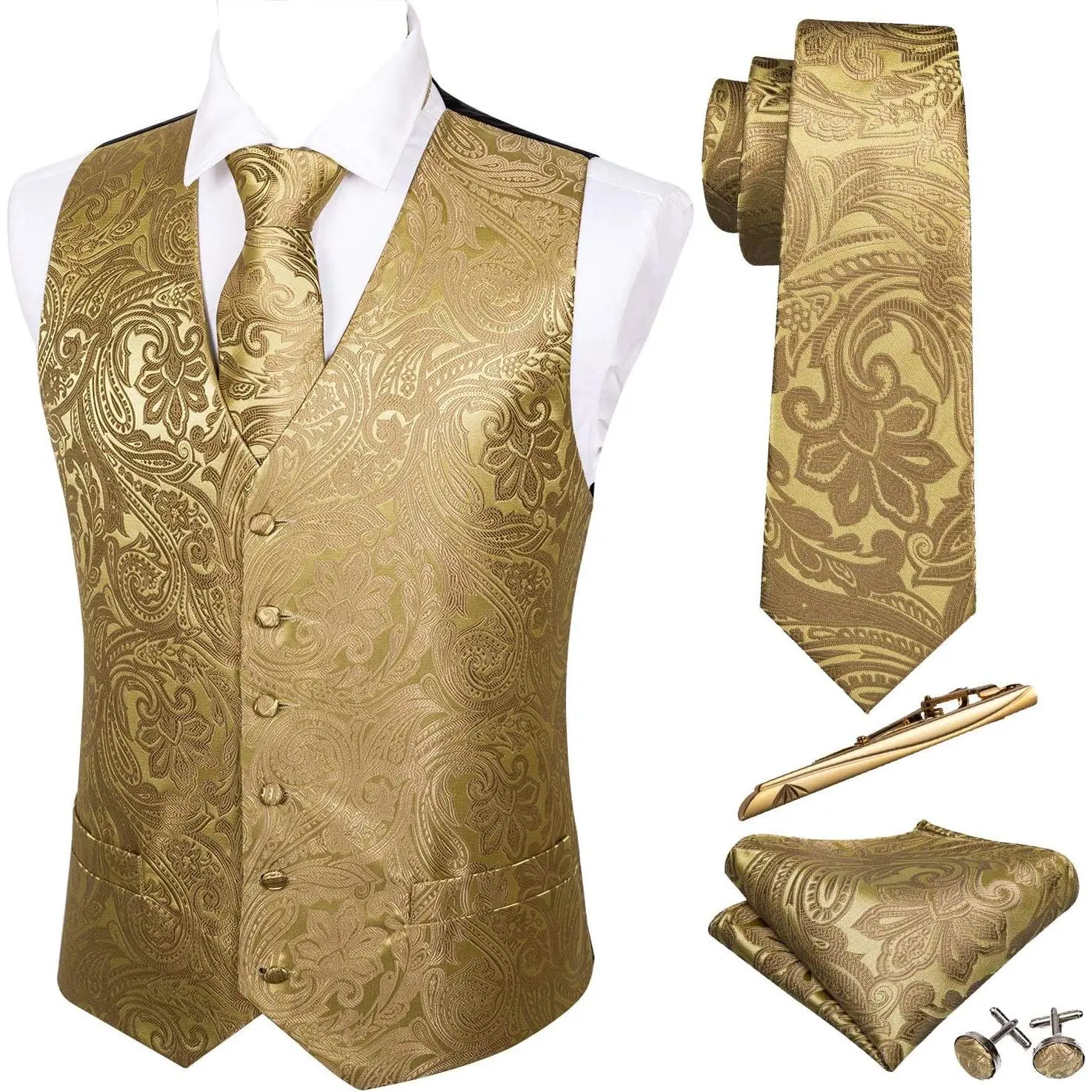 Men's Suit Vest Formal/Leisure Paisley Jacquard Silk Tie Pocket Square Waistcoat Set Wedding 5PCS