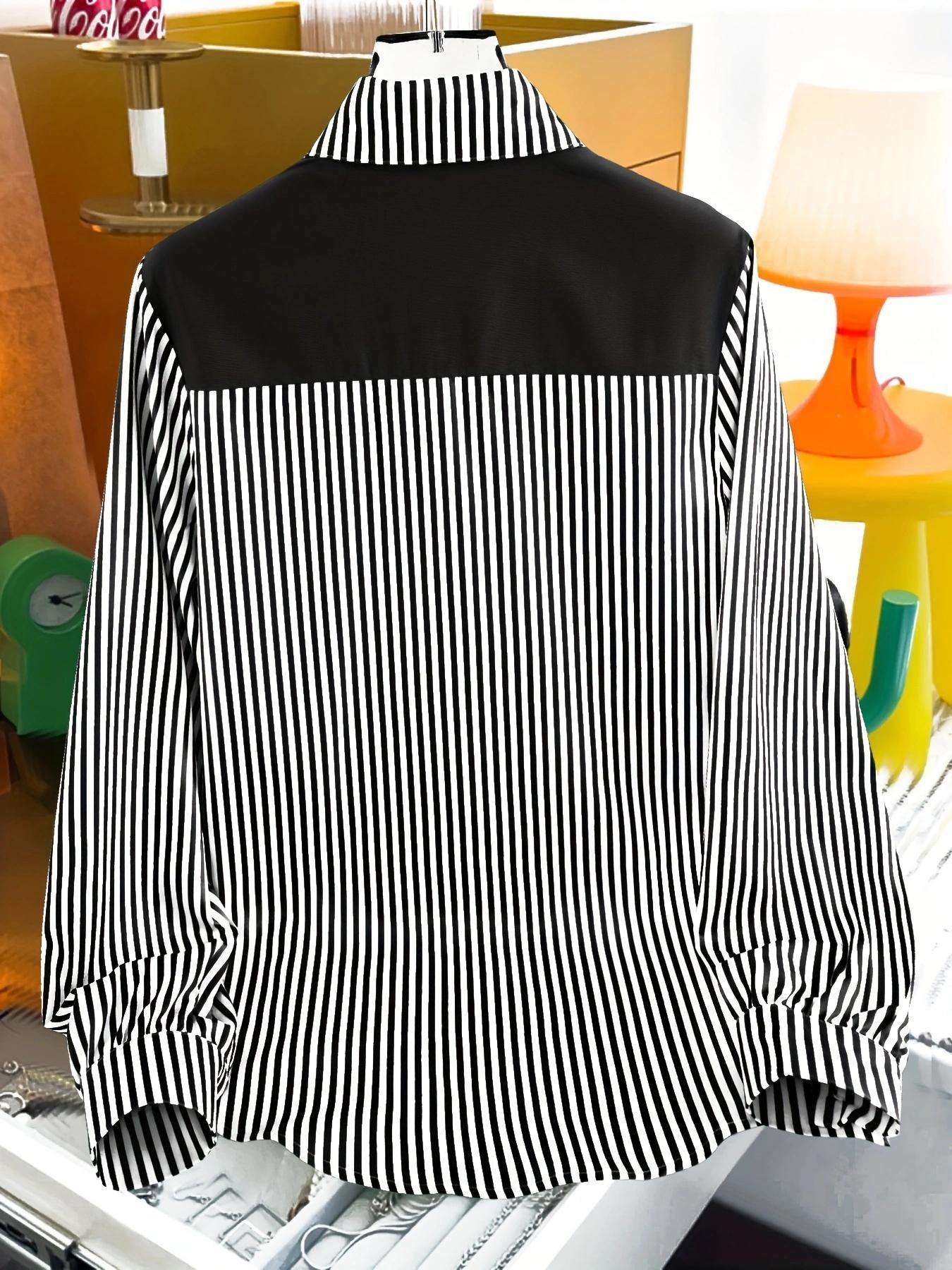 Women's Striped Print Tie Front Shirt Blouse, Casual Long Sleeve Collared Top for Spring & Fall, Women's Clothing for Daily Wear