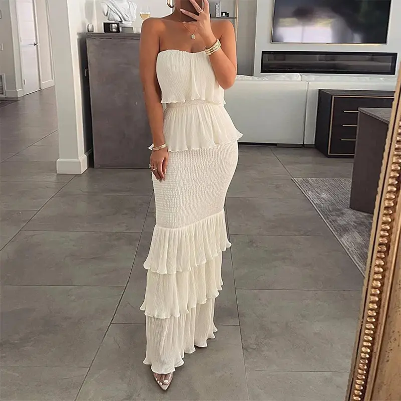 Women's Bandeau Shirred Ruffle Hem Wedding Guest Layered Sleeveless Dress/sundress Womenswear