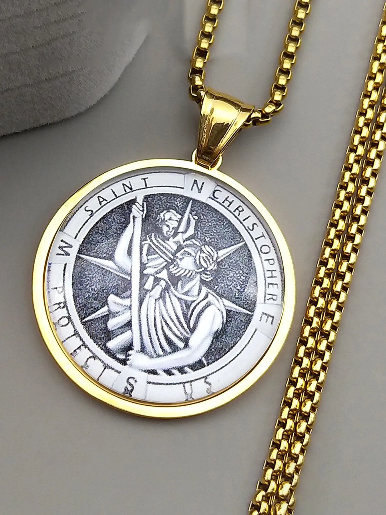 ST.Christopher Protect Us Glass Medal Pendant Necklace Saint Christopher Stainless Steel Gold Color Christian Necklaces