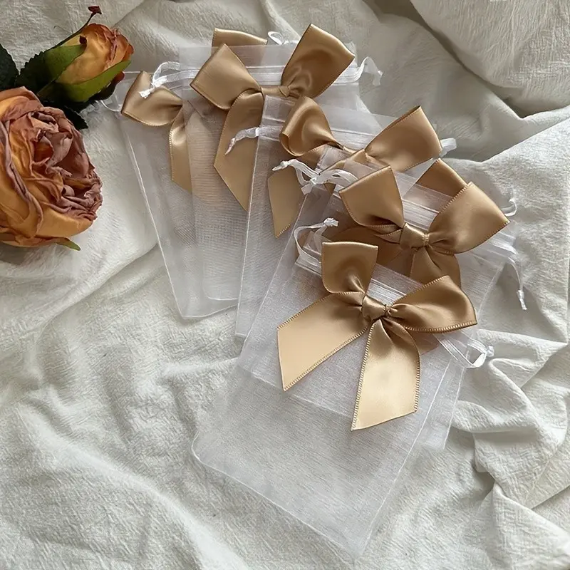 10Pcs, bow gauze bags, party drawstring gift bags, jewelry packaging bags, wedding party decoration gift bags, drawstring gift bags, birthday party gift bag decorations, reusable decorative gift bags, 9cm*12cm/3.54in*4.72in