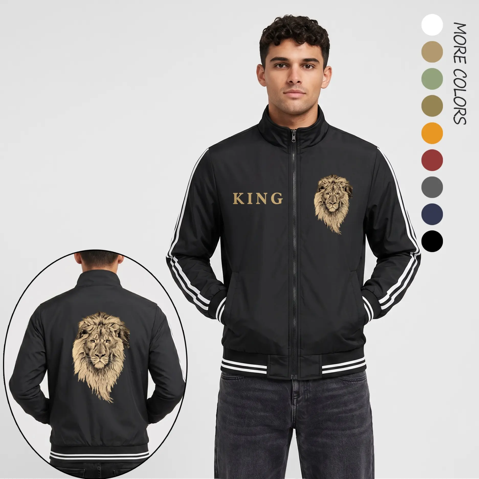Men’s KING Lion Graphic Print Lightweight Bomber Jacket – Streetwear Flight Jacket with Royal Animal Design, “KING” Chest Logo, Full Zip Closure, Ribbed Hem & Cuffs, Stripe Sleeve Detail, Urban Athletic Casual Wear