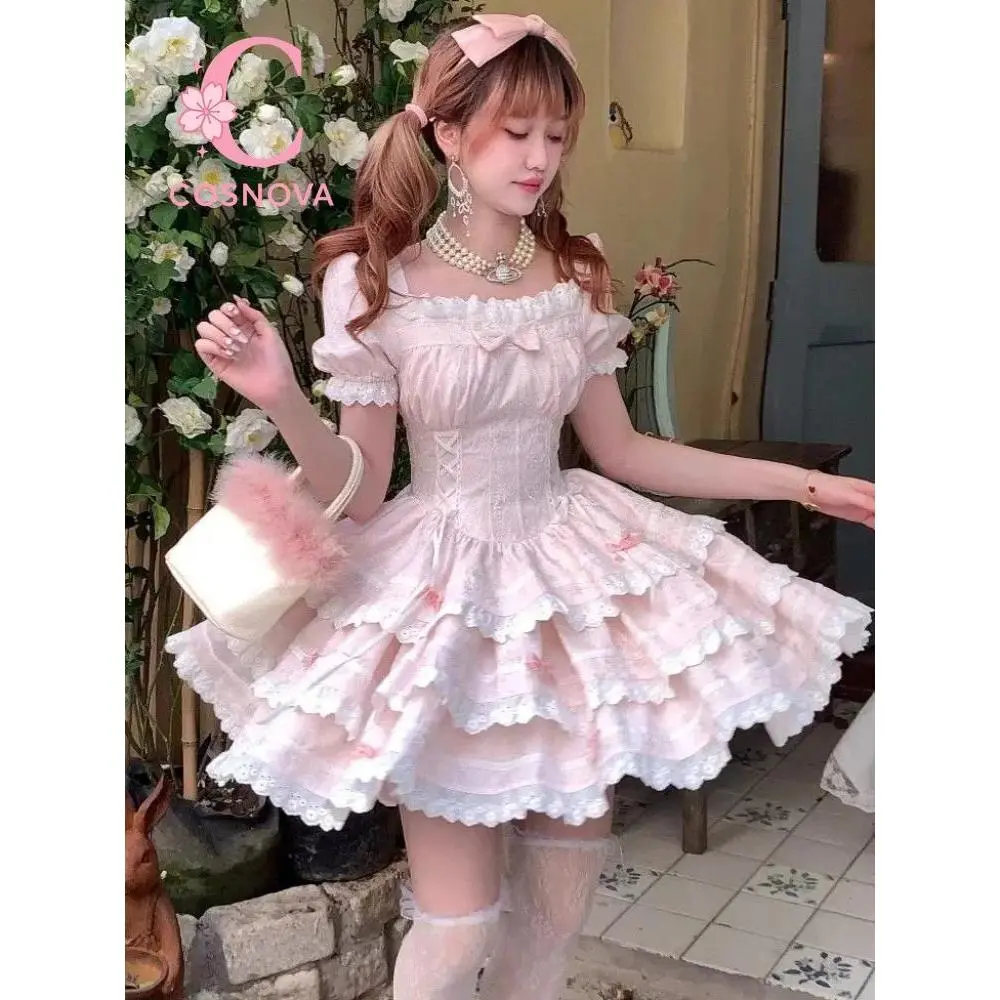 Cute Core Kawaii Lovely Bow Lace Dress Women Sweet Puff Sleeve Slim Pink Cake Dresses Female Pretty Fairy Princess Dress New