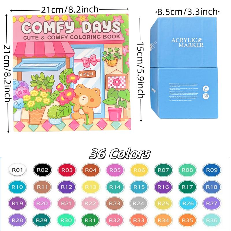 12-Piece Thick Coloring Book Set with 36 Colors, Coloring Book Markers, Cute Designs, Multiple Themes, Perfect for Daily Leisure & Holiday Gifts