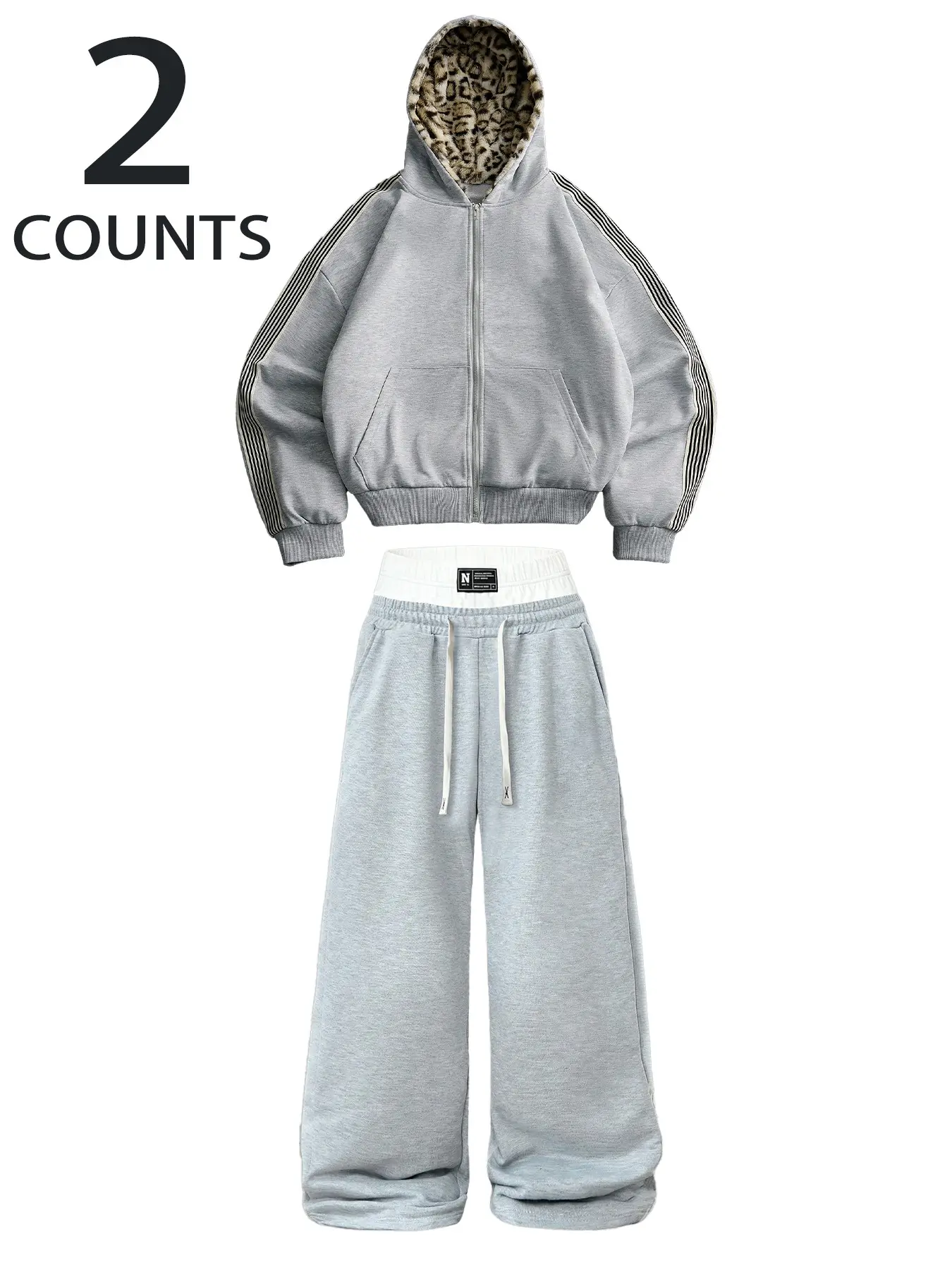 Men's Solid Color Hooded Tracksuit Two-Piece Set, Multi-Wear Design, Fleece Lined Full-Zip Loose Fit Jacket + Drawstring Wide-Leg Sweatpants, American Street Trend Outfit Set, Perfect for Skateboarding, Cycling, Trips, Loungewear, Gym Workouts, Smart Casu