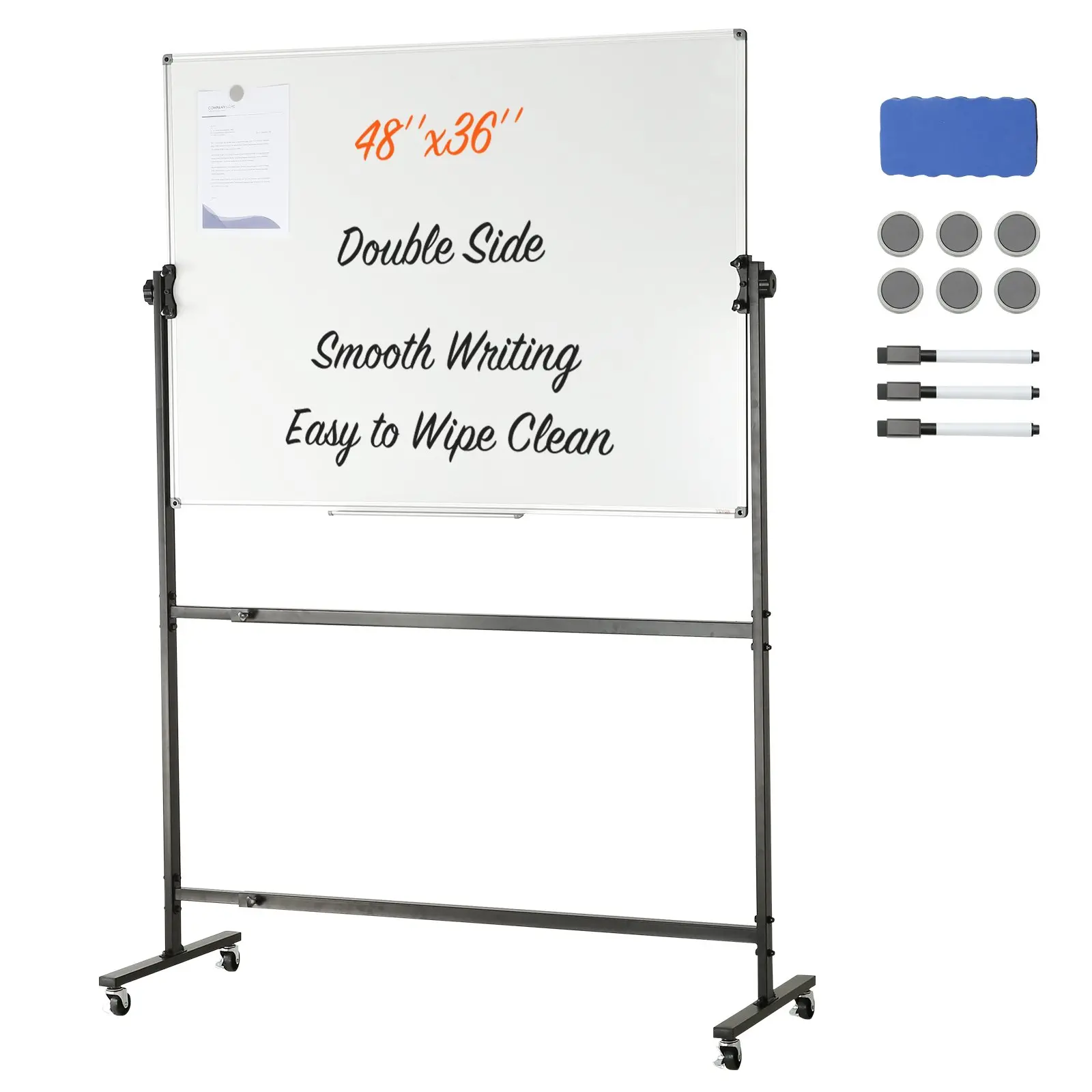 VEVOR Rolling Magnetic Whiteboard, Double-sided Mobile Whiteboard 48x36 Inches, Adjustable Height Dry Erase Board with Wheels, 1 Magnetic Erase & 3 Dry Erase Markers & Movable Tray for Office School