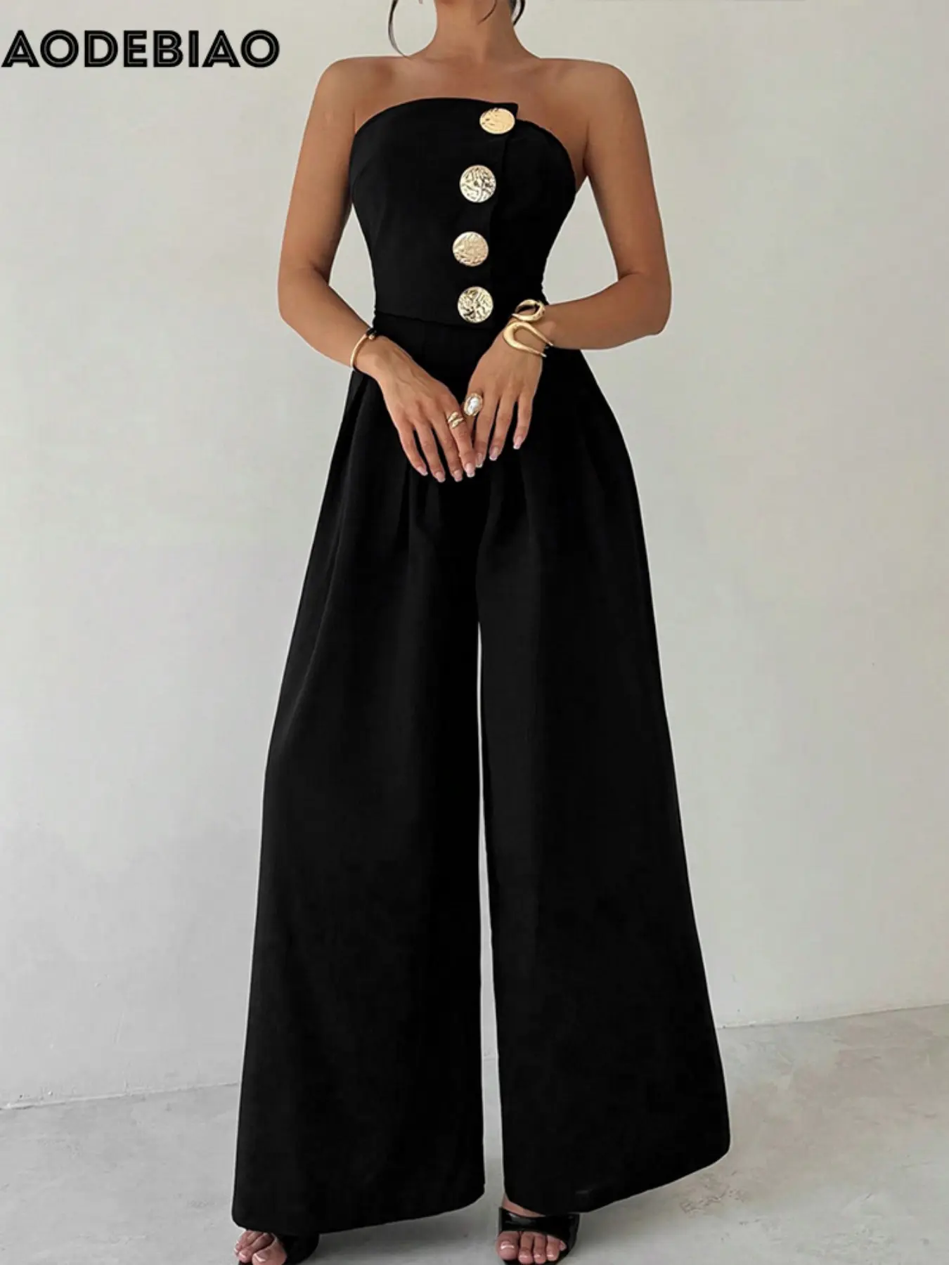 Women's Elegant Chic Party Overall Solid Jumpsuit, Casual Comfortable Loose Fit, Sexy Halter Neck Sleeveless, Formal Occasion Wear, Vacation