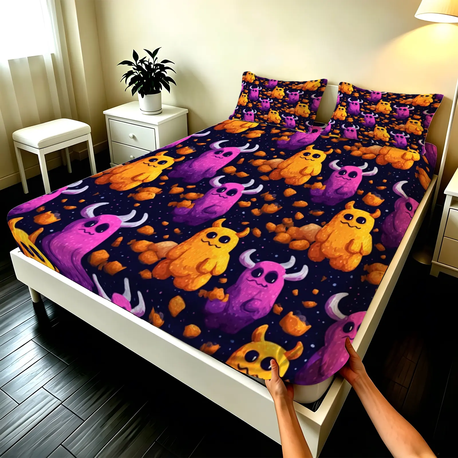 3pcs Fitted sheet Spooky Cute Monster Printed Bedding Set, Ultra Soft Microfiber Fitted Sheet, Wrinkle Resistant Fade Proof Breathable Comfortable Bed Cover Set for Bedroom Guest Room, Fit Twin Full Queen King Size