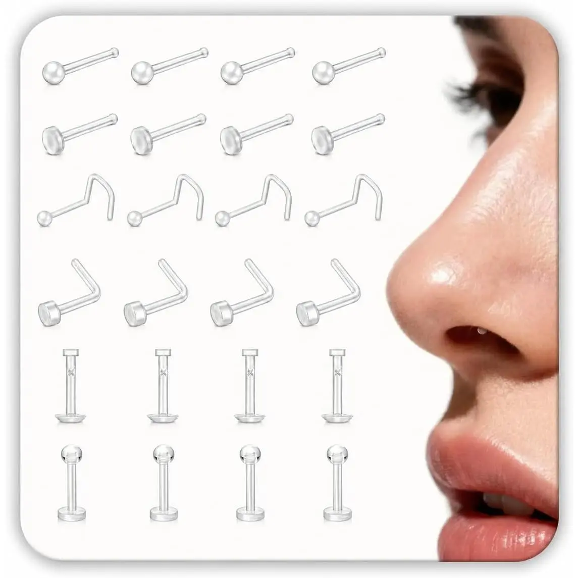 20 count Clear Nose Rings Retainer Set – 18G/20G I & L Shape Flexible Studs, Flat & Round Top, 2mm Top, 8mm/10mm – Invisible Nose   for Work, , School,