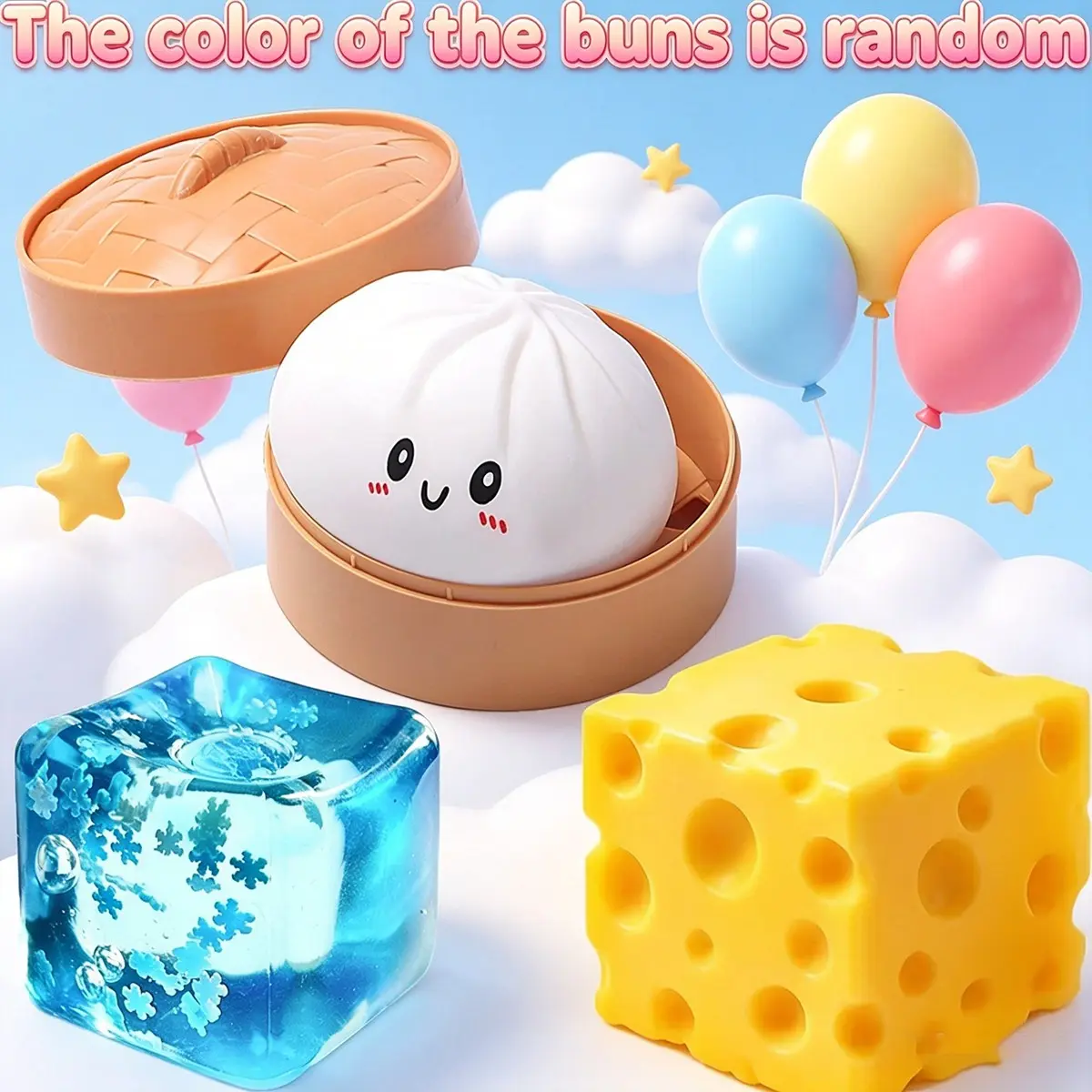 Novelty 3-Piece Squeeze Toy Set with Random Colors, Creative Stress Relief Fidgets, Cute Bun & Ice Cube Toys for Party Favors & Classroom Rewards