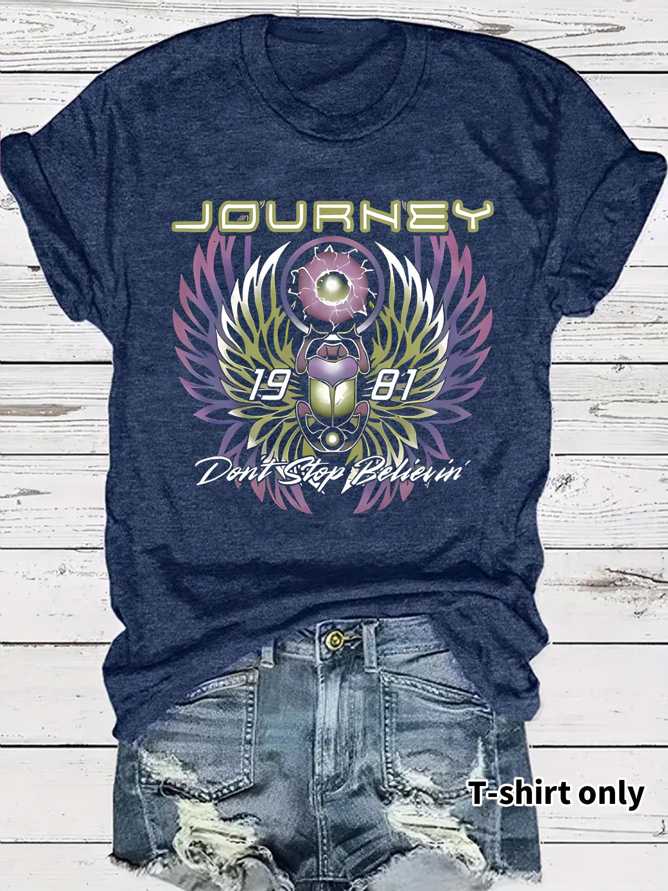 Women's Journey Don't Stop Believin' Print Round Neck Graphic Tee, Vintage Trendy Casual Short Sleeve Crewneck T-shirt for Daily Wear, Ladies Summer Outfit