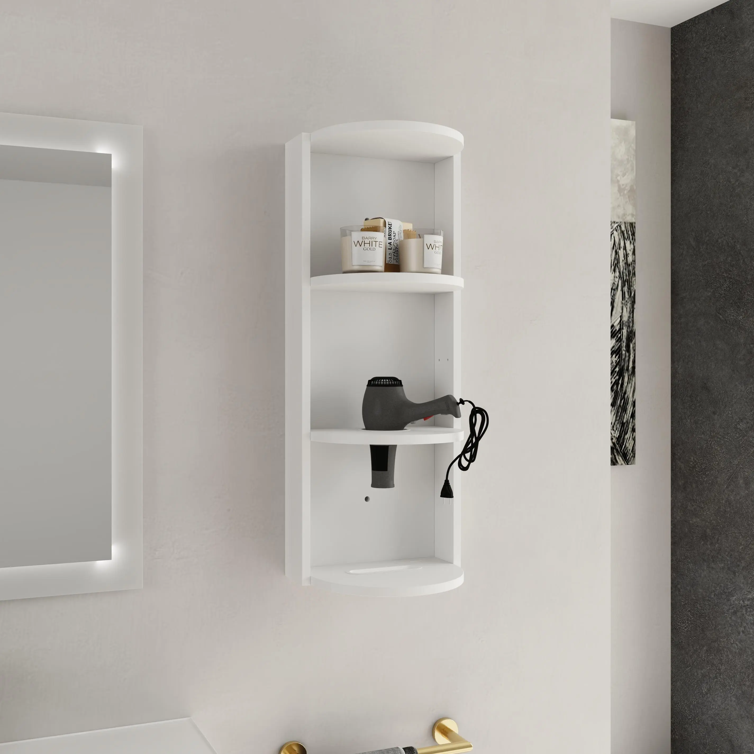 Nokaa Wall Mounted Bathroom Storage Rack with 3 Shelves, Glossy White Plywood Floating Shelf Cabinet, Modern Side Cabinet Organizer for Toiletries, Towels, and Essentials, Easy Assembly, 8.7W x 11.8D x 29.5H in