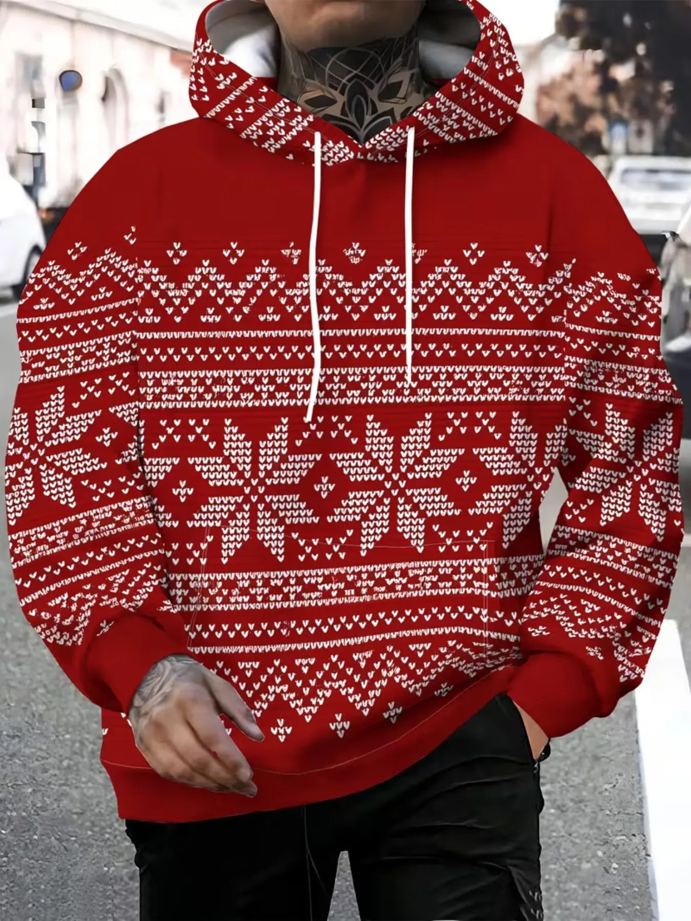 Men's Hooded Sweatshirt, Christmas Fair Isle Heart Snowflake Print, Long Sleeve Pullover, Festival Casual Top, All Seasons