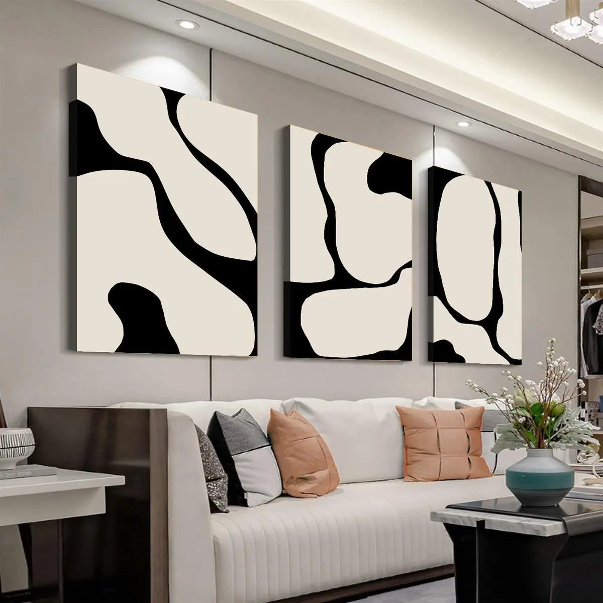 3-Piece Wood Framed Modern Minimalist Black Line Art Canvas Set - Waterproof Fade-Resistant Abstract Wall Decor, Suitable for Living Room, Bedroom