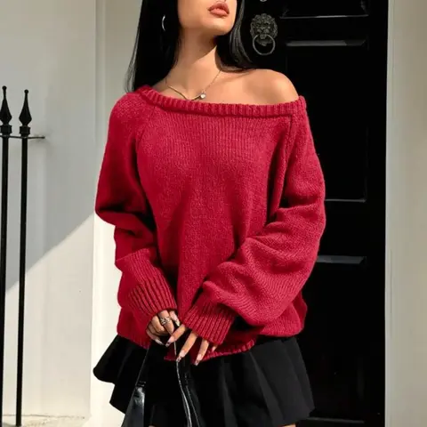 Women's Solid Off Shoulder Raglan Sleeve Loose Fitting Knit Basic Sweater, Casual Long Sleeve Jumper for Fall & Winter, Fashion Chic Ladies' Knitwear for Daily Wear, Womenswear, Tops, Fit, Piece