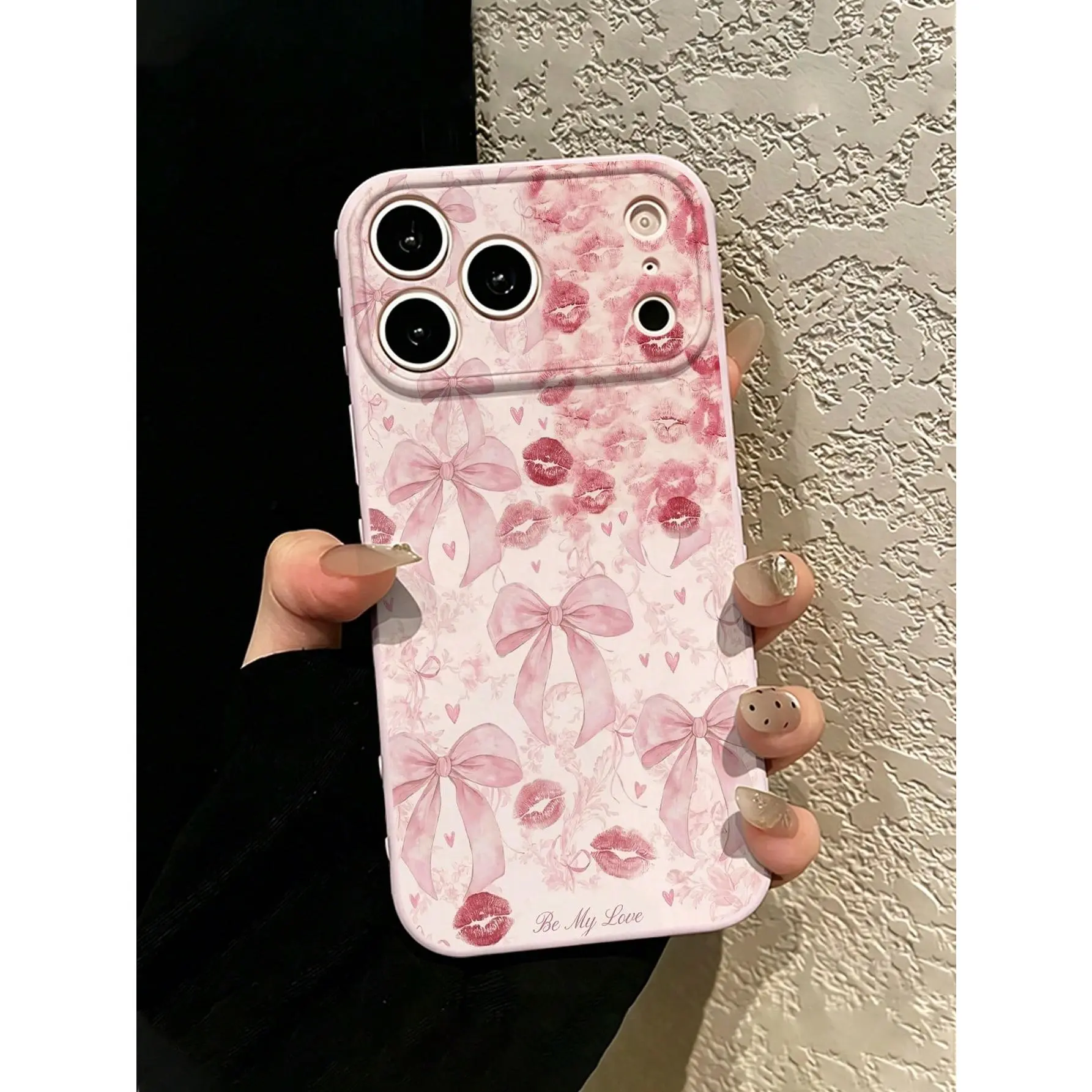 1 piece New premium Ins style phone shell light pink with floral pattern, lip knot and print, 3D heart on the side, compatible with Apple/Phones Apple 17/17Pro/17ProMax /16/16Pro/16ProMax/16Plus/15/15Plus/15Pro/15ProMax/14/14Plus/14Pro/14ProMax/13/13Pro
