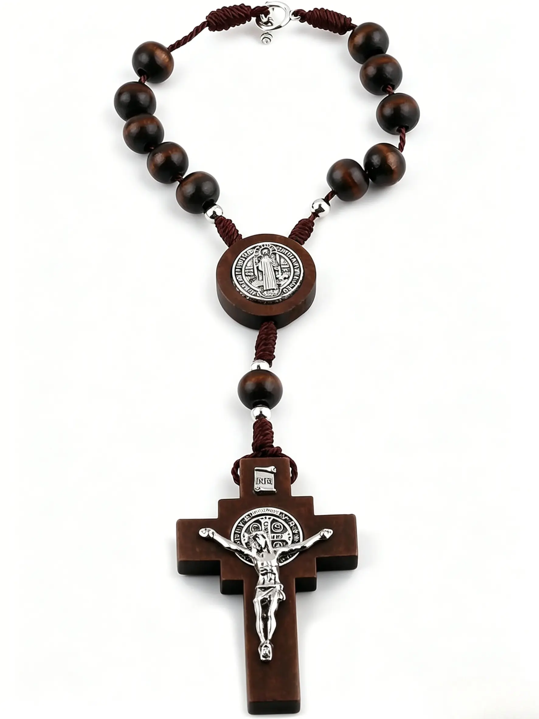 Wooden Bead Car Rosary, Ten-Year Catholic Rosary for Cars, St. Benedict Medal Center Decoration, Cross Safety Clip Design, Mirror, Rearview Mirror, Home Door Hanging, Car Ornament