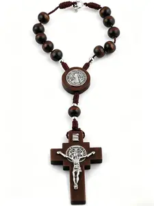 Wooden Bead Car Rosary, Ten-Year Catholic Rosary for Cars, St. Benedict Medal Center Decoration, Cross Safety Clip Design, Mirror, Rearview Mirror, Home Door Hanging, Car Ornament