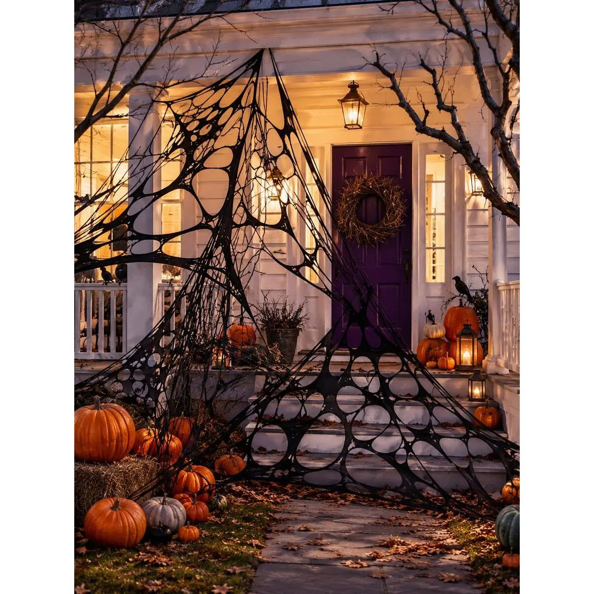 1pc Giant Black Halloween Spider Web Decoration - Large-Hole Mesh Web with Stakes for Outdoor Garden, Porch, Haunted House Party Festive Decor