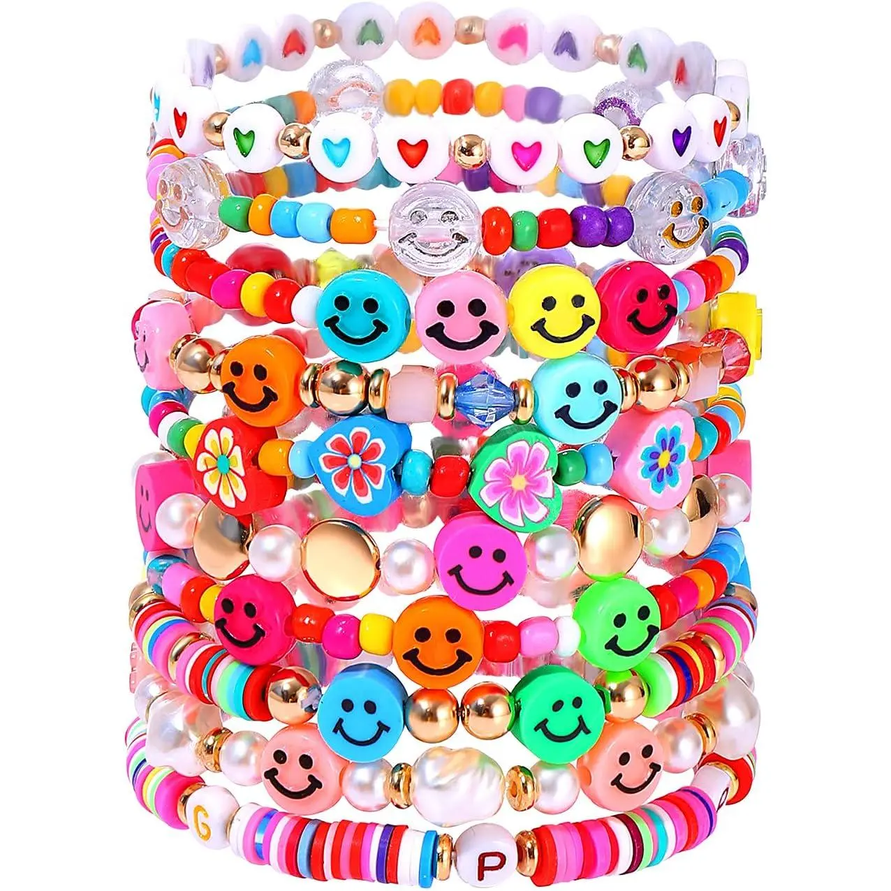 Beaded Bracelet Set Stack Colorful Happy  Charm  Heishi Beaded Stretchy Bracelet Summer Beach Bracelet