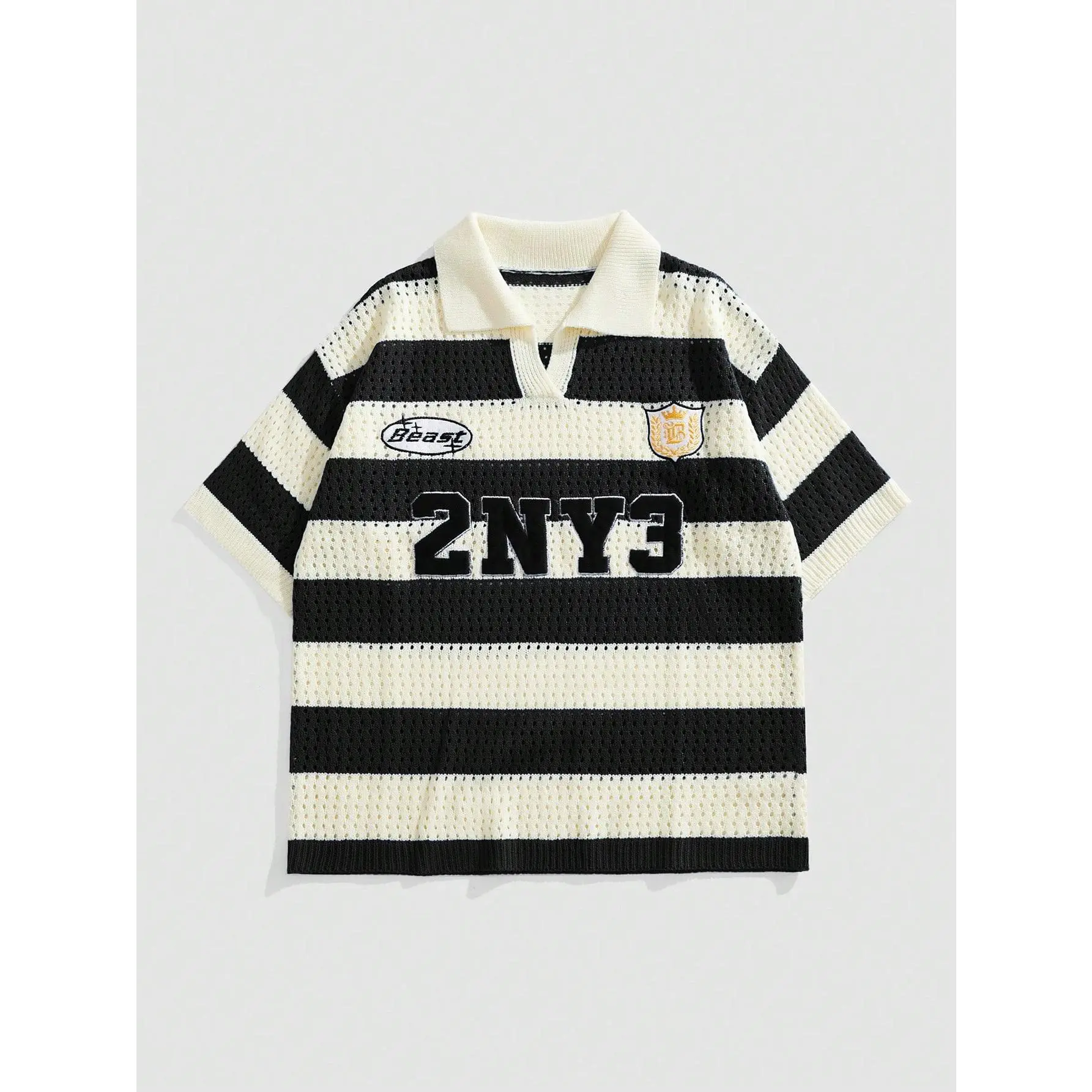 Unisex Knitwear Letter Striped Jacquard Knit Short Sleeve Polo Shirt Unisex Knitwear Letter Striped Jacquard Knit Short Sleeve Polo Shirt