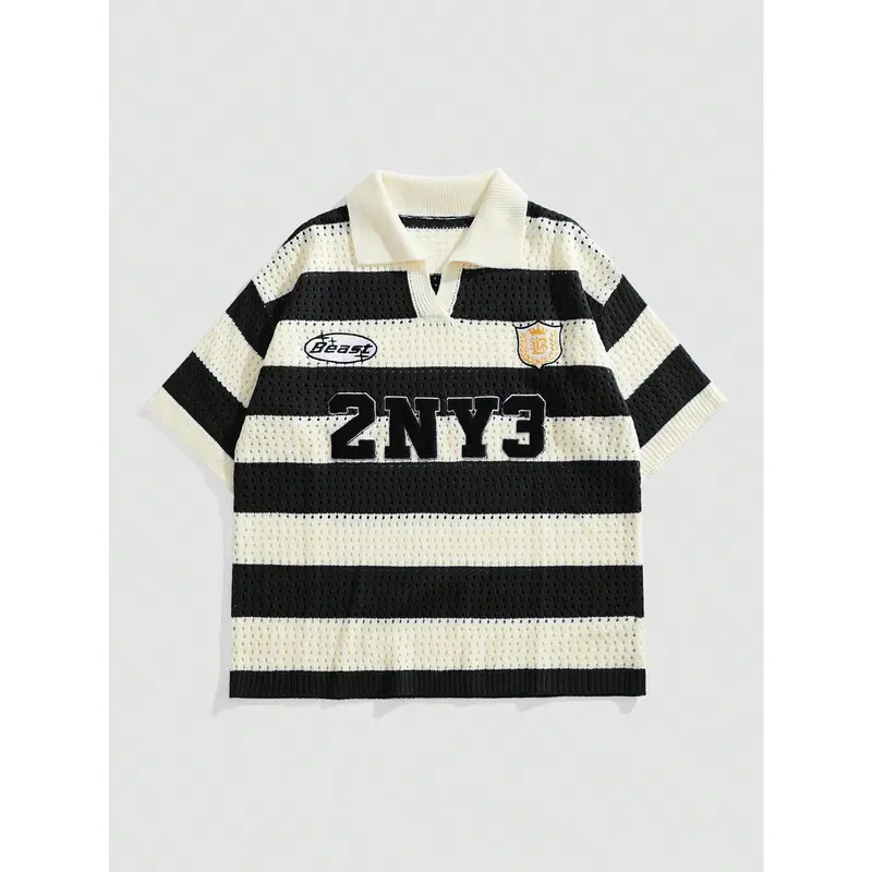 Unisex Knitwear Letter Striped Jacquard Knit Short Sleeve Polo Shirt