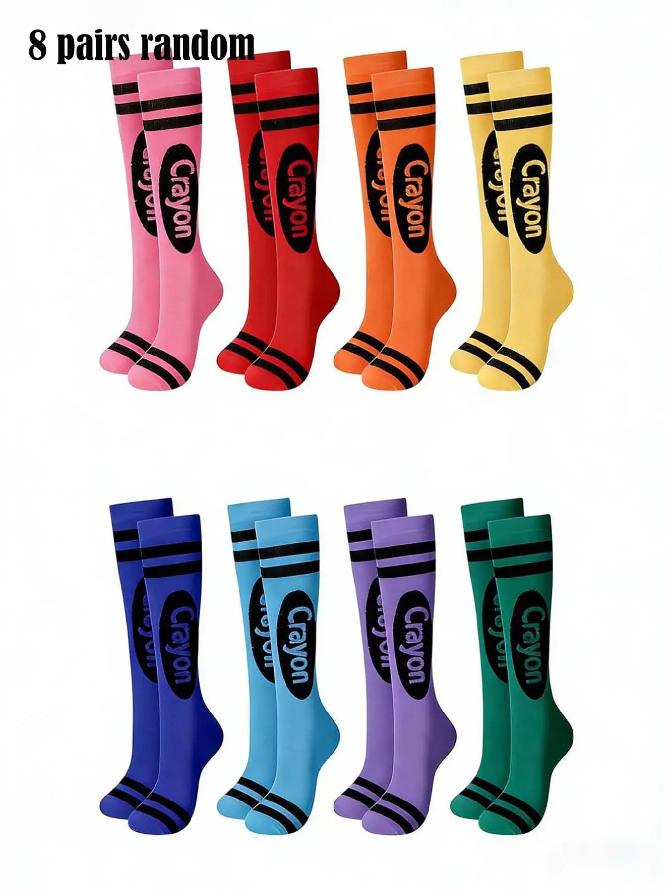 8 Pairs Random Pack Crayon Creative Print Rainbow Multi-Color Striped Women's Ankle Socks, Comfortable Breathable Soft Casual, All Seasons