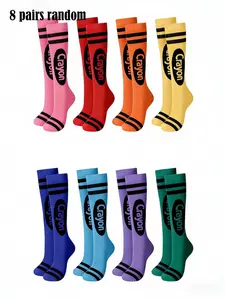 8 Pairs Random Pack Crayon Creative Print Rainbow Multi-Color Striped Women's Ankle Socks, Comfortable Breathable Soft Casual, All Seasons