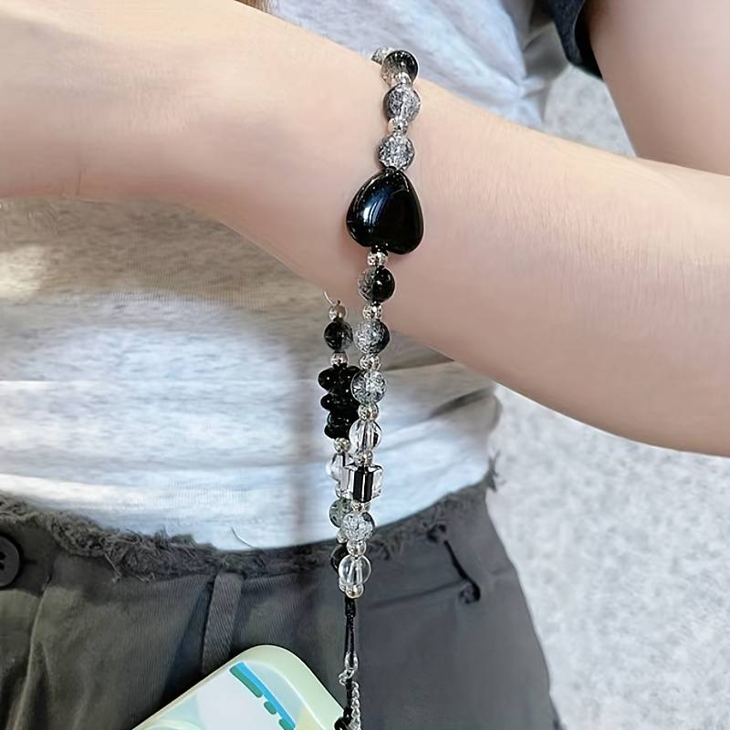 Black Strawberry Bear Love Phone Chain Charm Wrist Strap Keycord Cellphone Lanyard Girl Keychain Mobile Phone Case Hanging Chain