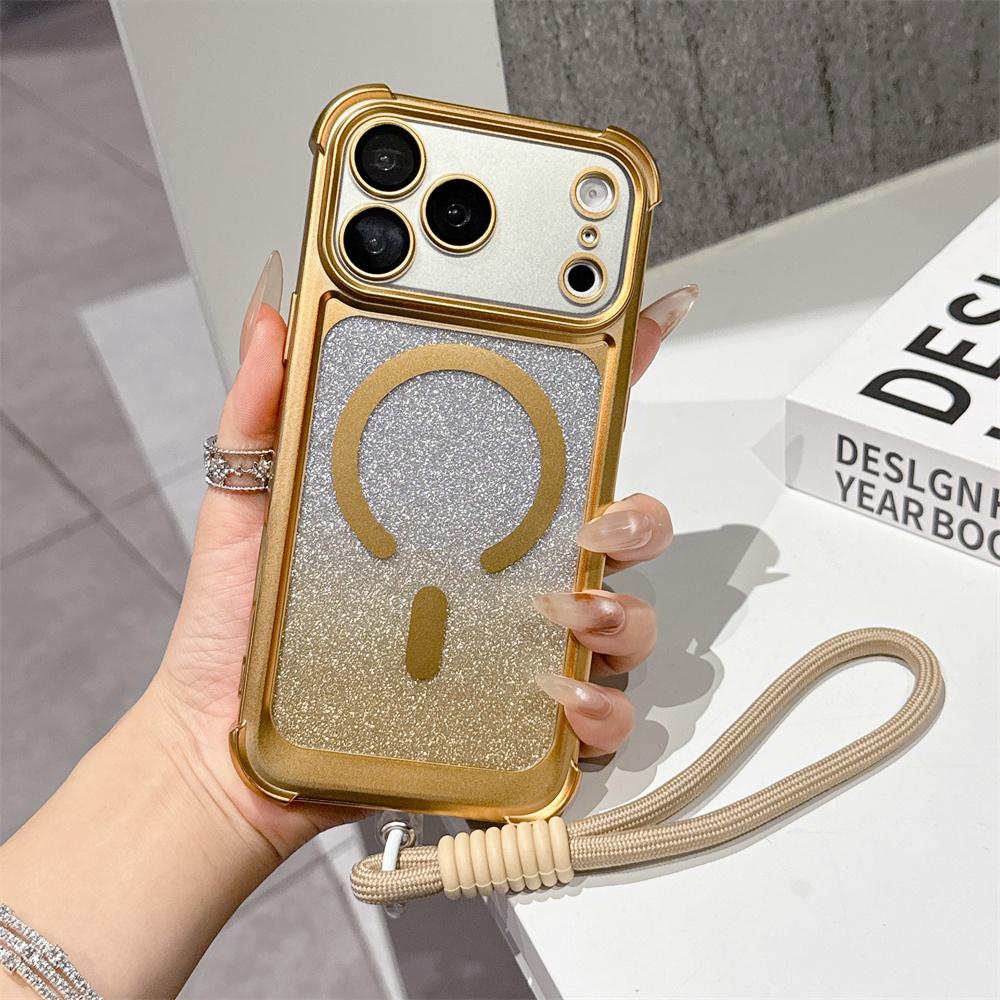 Luxury Wrist Strap Glitter Lanyard Phone Case For iPhone 17 Air 16 15 14 13 Pro Max For Magsafe Wireless Charging Armor Cover