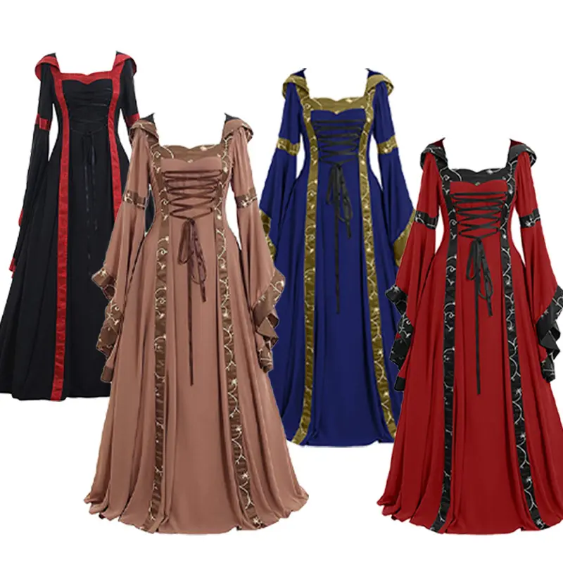 Medieval Vintage Hooded Long Dress S-5XL, European Court Style Square Neck Flare Sleeve Maxi Swing Dress