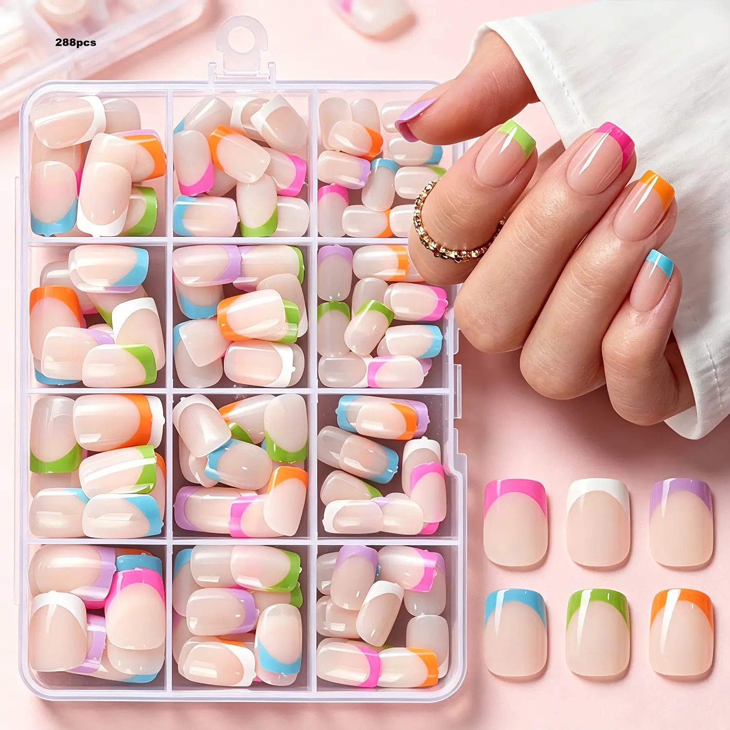 144 Pieces Short Square Press on Nails, Assorted Bright Colors, Multi-Size Bulk Kit, DIY Manicure Accessories, Beginner-Friendly
