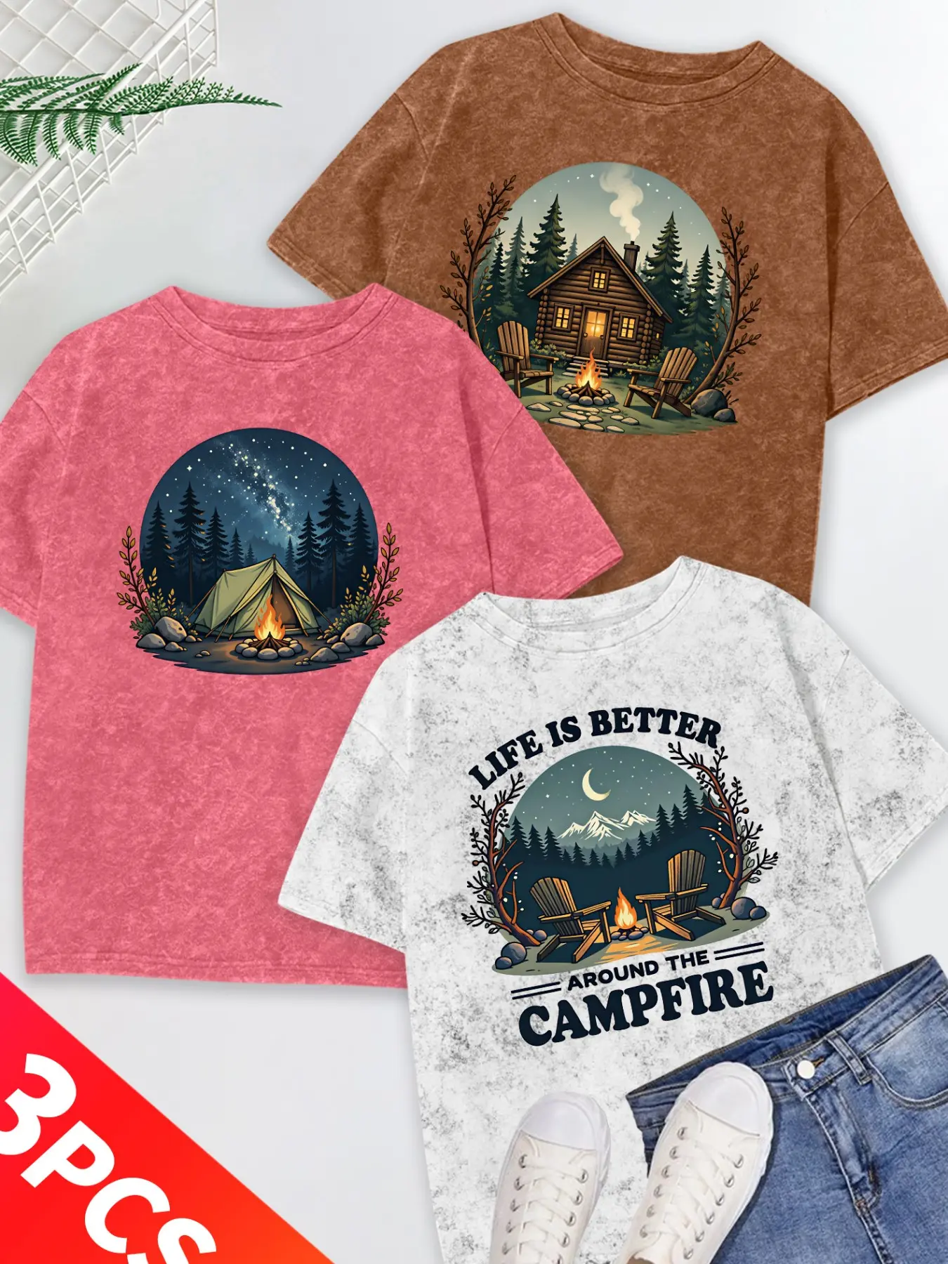 3Pcs Women Crew Neck Tie Dye T-shirt, Cabin Campfire Tent Mountain Camping Outdoor Healing Slogan Print, Soft All-match Spring Fashion Tee Set