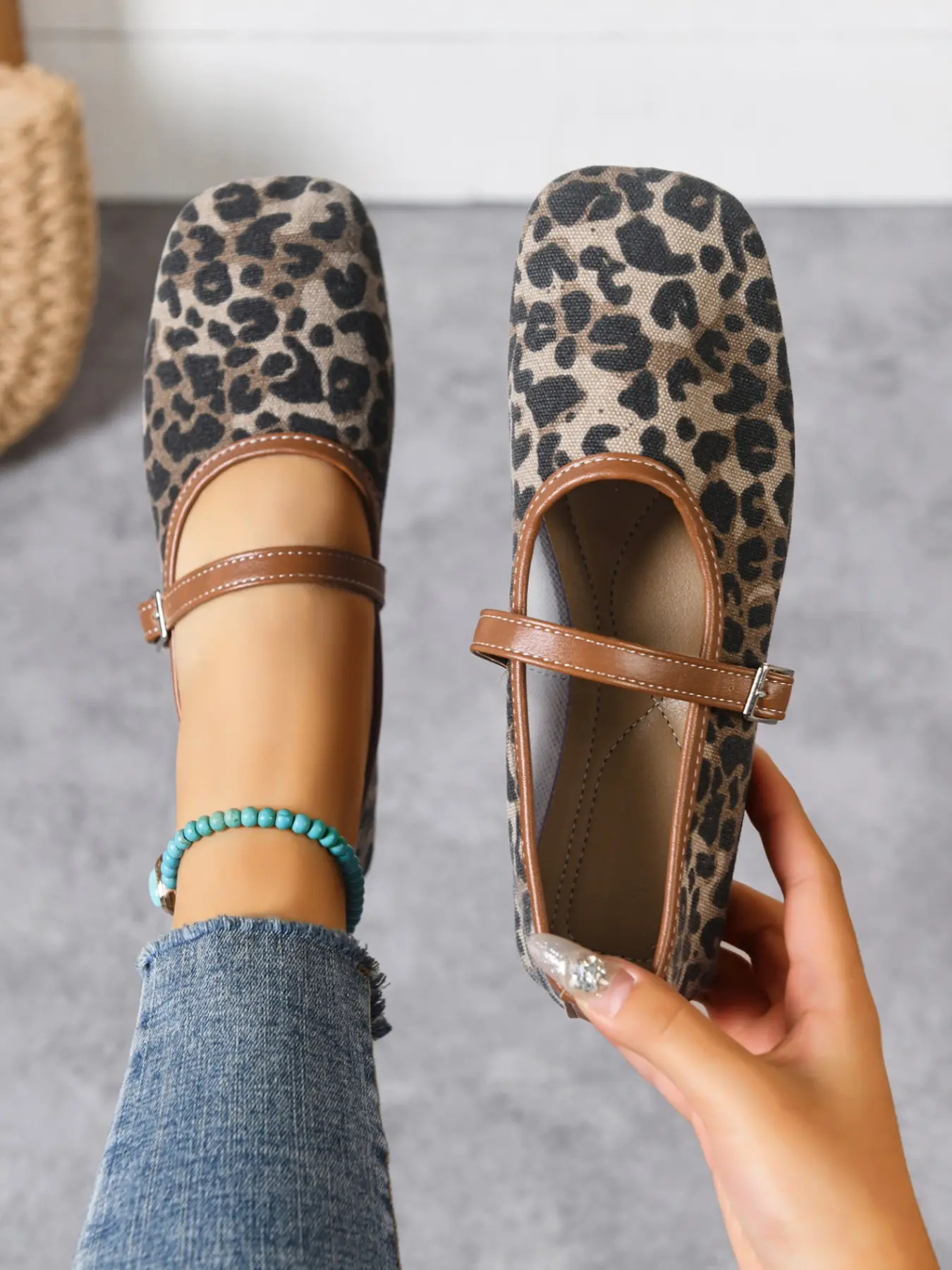 Women's Cow Print Square Toe Mary Jane Flat Shoes, Buckle Design Casual Low Top Ballet Pumps, All-Season PU Leather Dress Shoes, Square Toe Ballet Flats