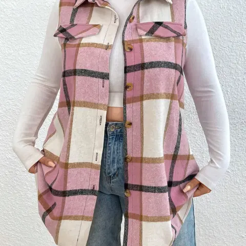 Plus Size Women's Plaid Casual Vest Jacket (fake Pockets), Button Front, Fitted Sleeveless Design, Fall & Winter Fashion, Button Down Vest