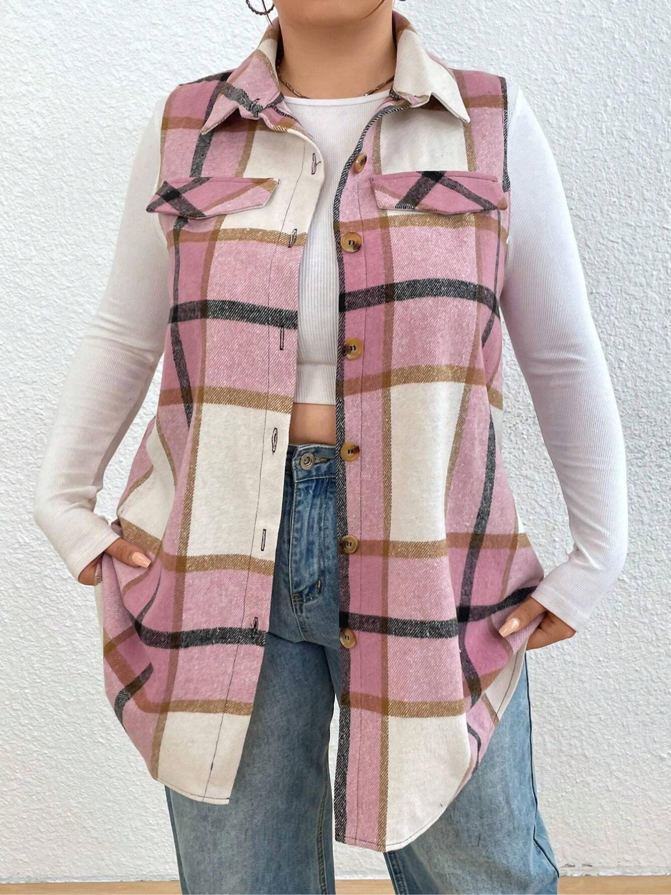 Plus Size Women's Plaid Casual Notched Neck Vest Jacket (fake Pockets), Button Front, Fitted Sleeveless Design, Fall & Winter Fashion