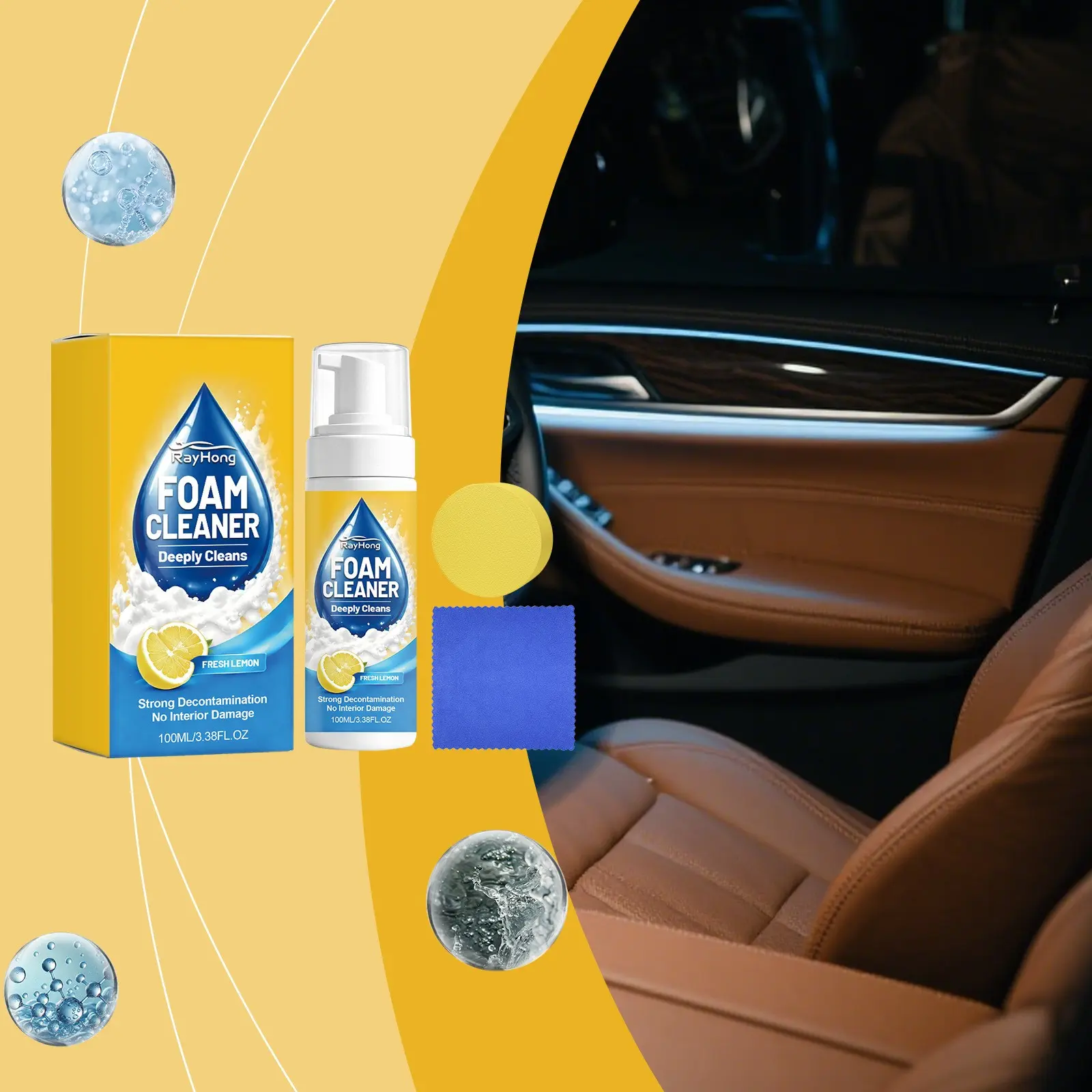 Rayhong Foam Cleaning Kit, Car Seat Leather Interior Cleaning Care Set, Multi-Effect Cleaner, Automotive Upholstery Maintenance
