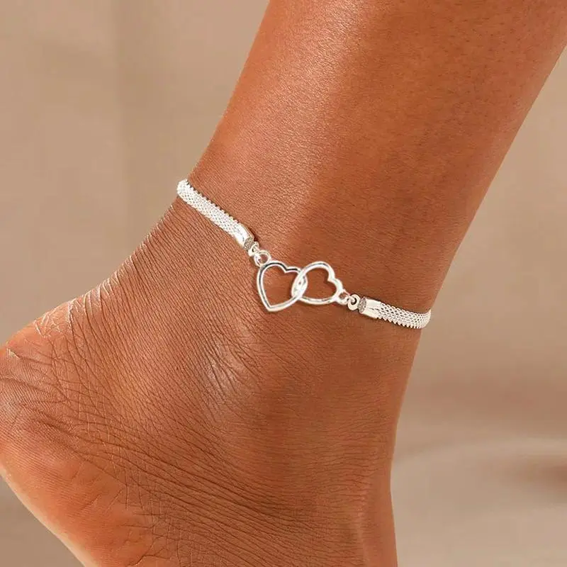 Heart Link Chain Anklets - Silver Color Waterproof Rhinestone Anklet for Women Girls Timeless Accessory for Every Occasion