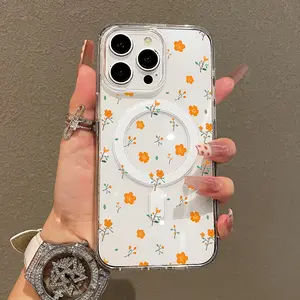 Soft Girl Magnetic Case for iPhone11/12/13/14/15/16/17/promax, Warm Orange Soft Stem Floral Ditsy Lightweight, Drop-Proof, MagSafe Compatible | Perfect for Teen Girls