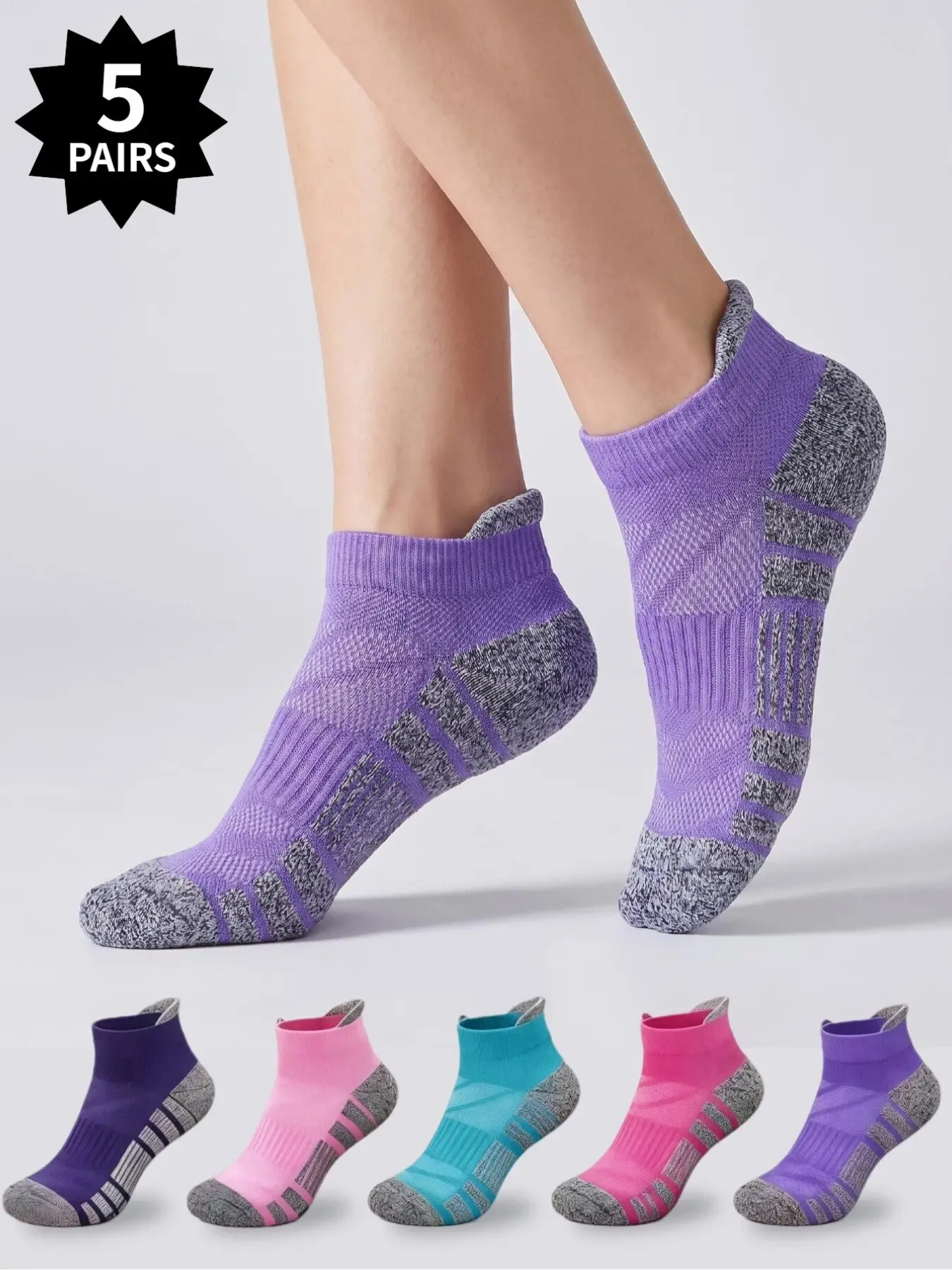 5-Pair Pack of Professional Women's Multi-Color Athletic Ankle Socks: Arch Support, Non-Slip, Shock-Absorbing, Low-Cut Socks for Running and Fitness—Breathable Ankle Socks  Women's Athletic Ankle Socks Sports Running Socks