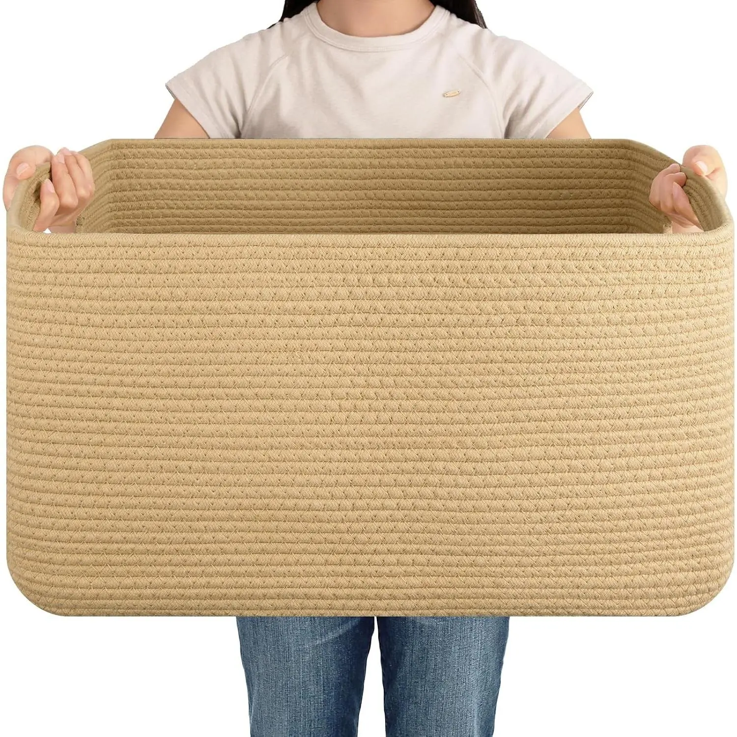 75L Large Blanket Basket, Woven Cotton Rope Baskets for Organizing 22”x17”x12”, Blanket Basket living Room, Toy Storage Bins for Nursery, Yellow